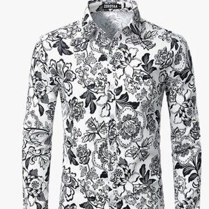 ZEROYAA Men's Floral Slim Fit Long Sleeve Cotton Casual Button Down Dress Shirt
